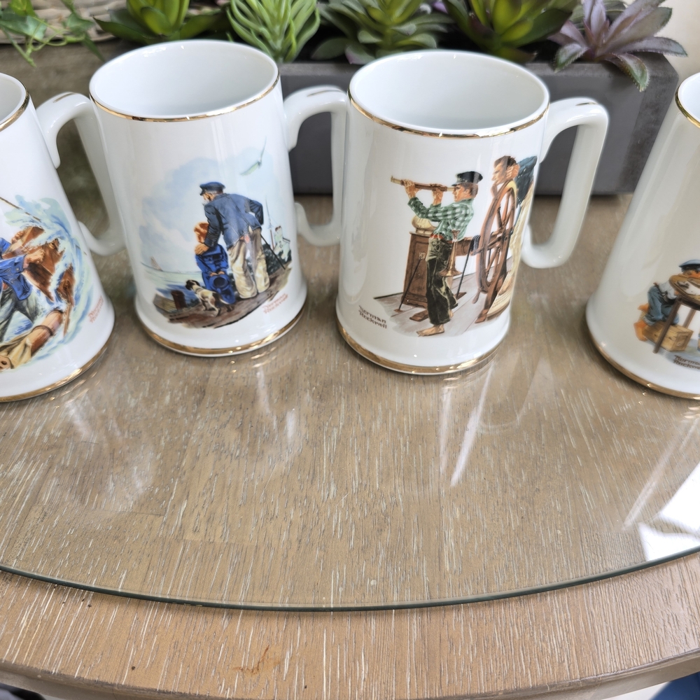 Norman Rockwell White Porcelain Mugs with Gold Trim and Nautical Artwork